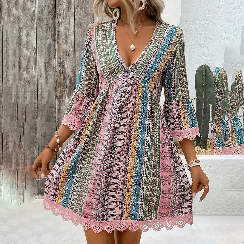 Women's Boho Print Mini Dress V-Neck 3 4 Sleeve Flowy Casual Summer Beach Sundress