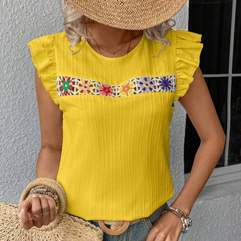 Women's Ruffle Short Sleeve Summer Tops Cute Crew Neck Floral Crochet Blouses Shirts