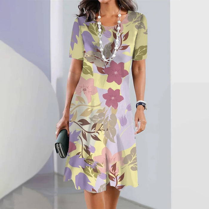 Flower Colorful Sweet Fresh And Loose Round Neck Dress