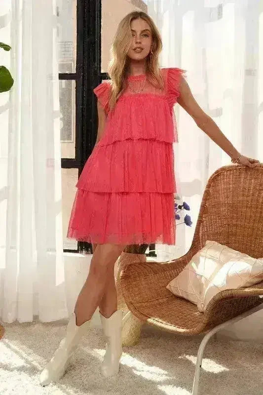 Layered Ruffle Mesh Dress | Cap Sleeve Semi-Sheer Gown -femstylo