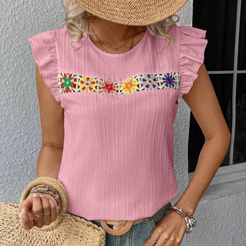 Women's Ruffle Short Sleeve Summer Tops Cute Crew Neck Floral Crochet Blouses Shirts