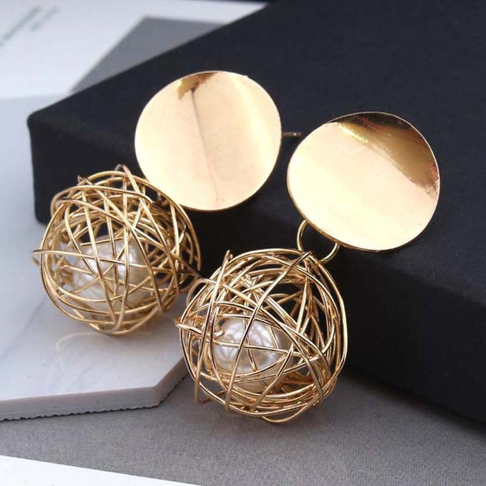 Vintage Geometric Earrings Simple Woven Ball Pearl Stud Earrings