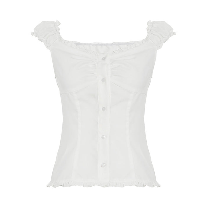 Sweet Slim Fit U-shaped French Wooden Ear Lace-collared Blouse