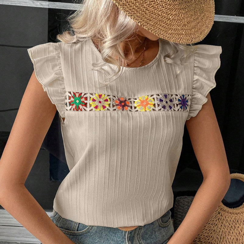 Women's Ruffle Short Sleeve Summer Tops Cute Crew Neck Floral Crochet Blouses Shirts