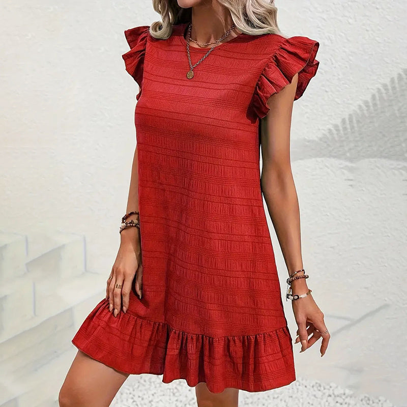 Womens Plus Size Round Neck Solid Dress Falbala Sleeveless Ruffled Summer Dress With Pleated Detail