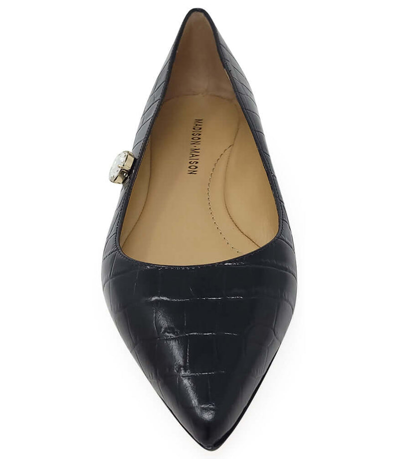 Black Leather Croc Print Flat Pointy Ballet
