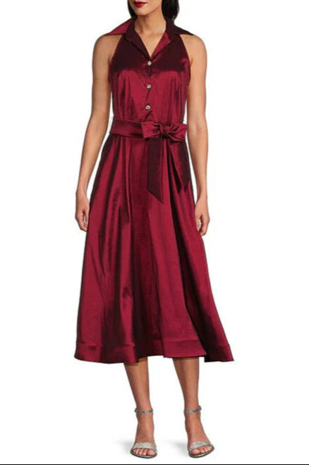 Marina Point Collar Front Button Sleeveless A-Line Midi Dress