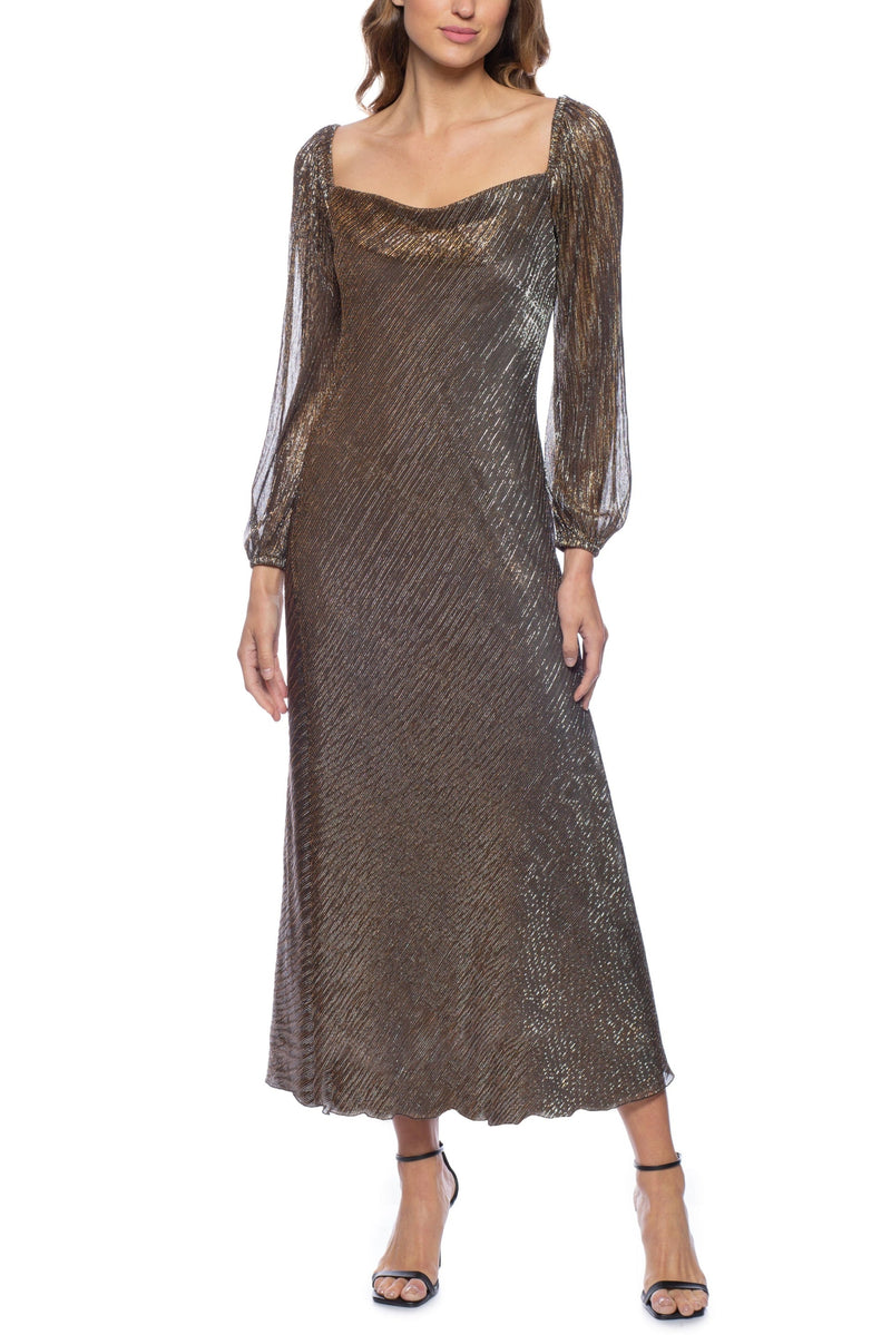 Marina Bronze Metallic Square Cowl Neckline Long Sleeves Elastic Cuffs Dress