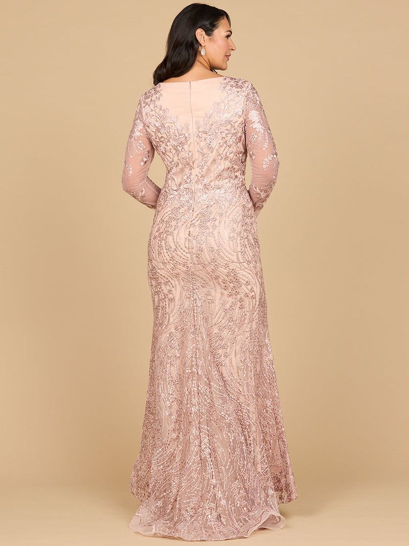 Long Sleeve Gown with Overskirt & Illusion Neckline
