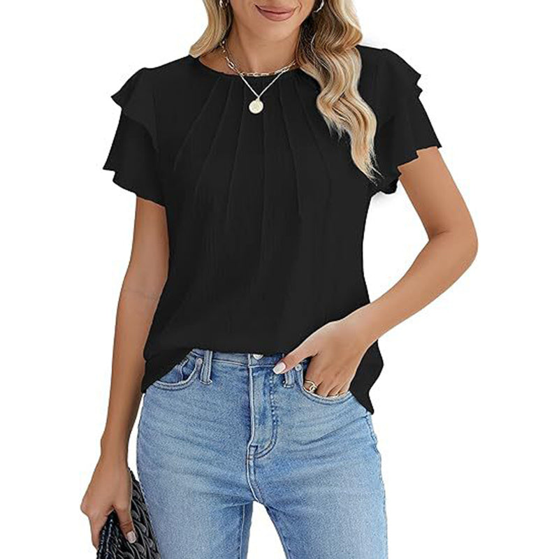 Women's Ruffle Short Sleeve Shirts Dressy Casual Crewneck Tops Trendy Outfits