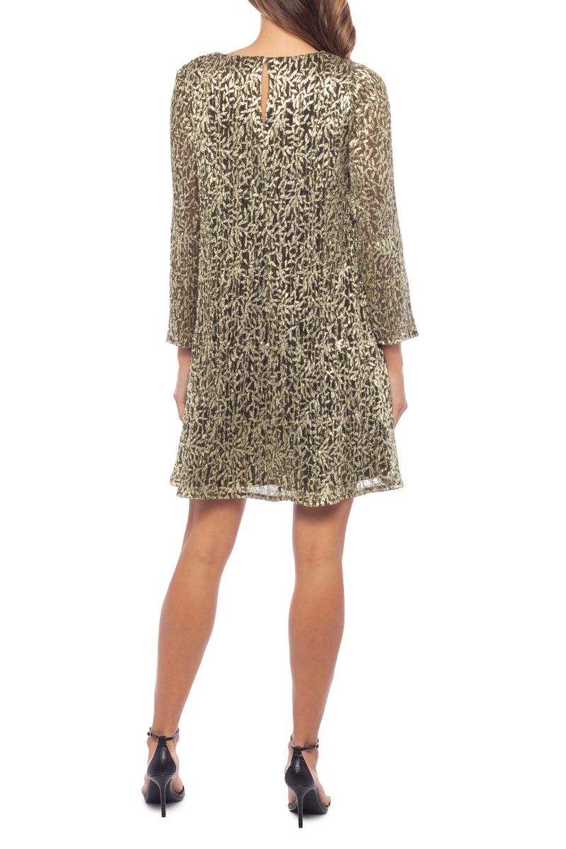 Marina Metallic Gold Black Round Keyhole Cutout Neckline Long Loose Fitting Sleeves Ruffle Hem Shift Mini Dress