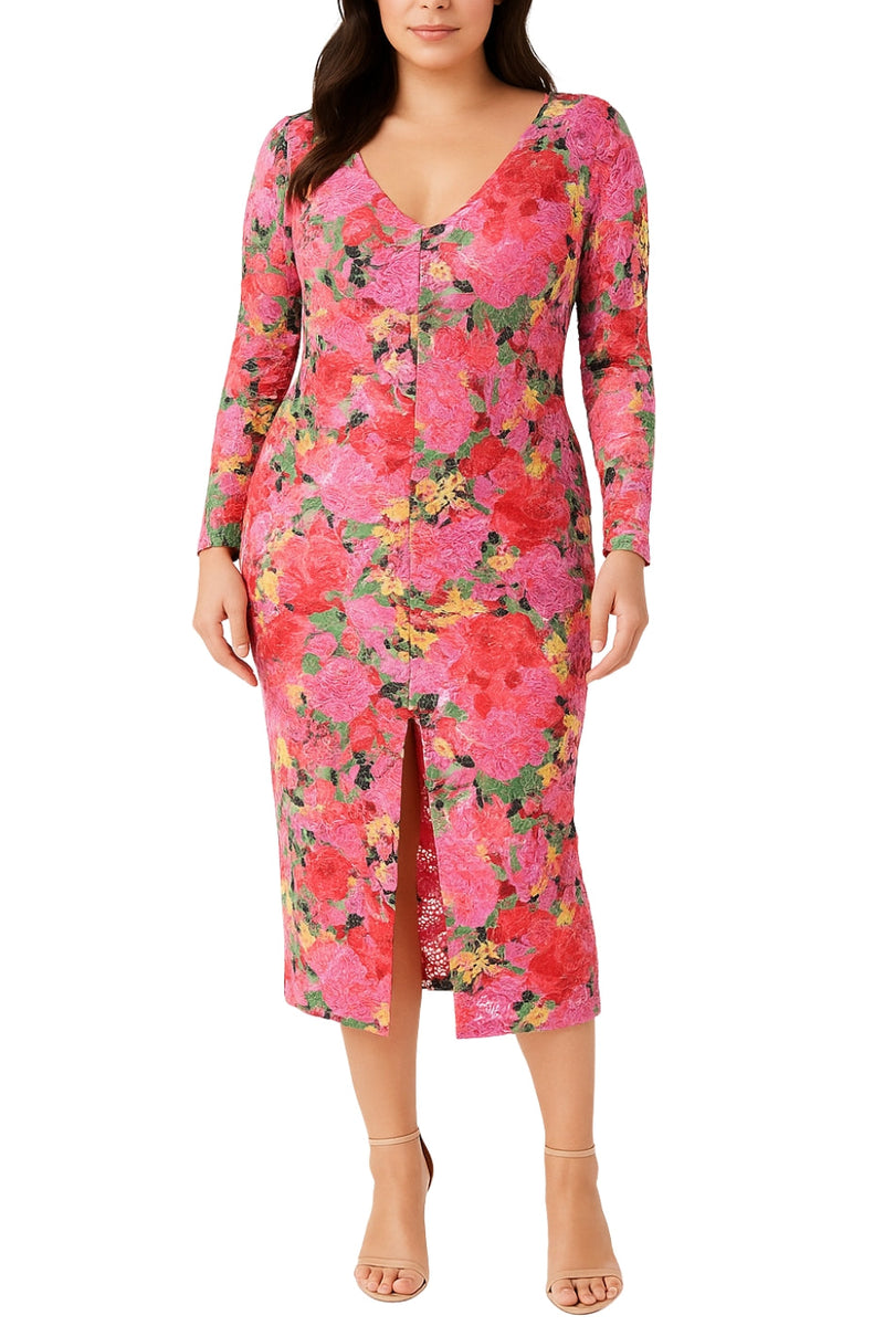 Marina Floral Lace Overlay Deep V-Neckline Long Sleeves Front Slit Fitted Pullover Midi Dress