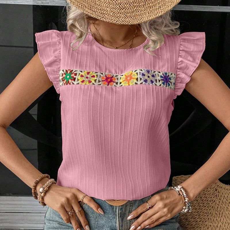 Women's Ruffle Short Sleeve Summer Tops Cute Crew Neck Floral Crochet Blouses Shirts