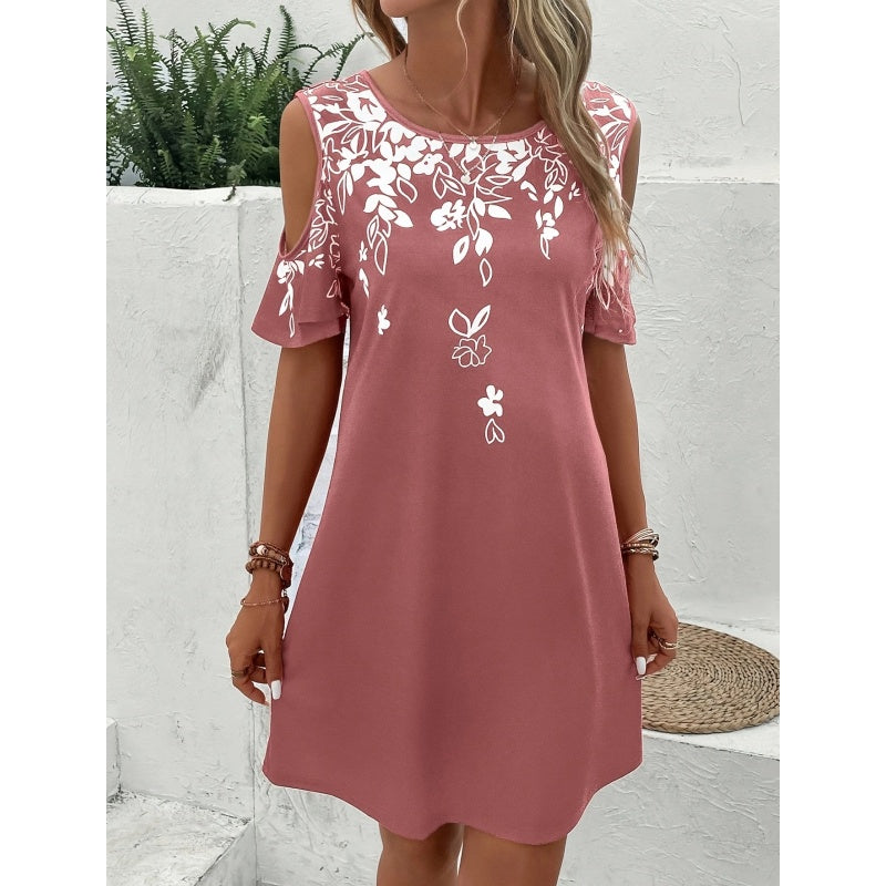Women's Summer Cold Shoulder Crew Neck Floral Print Dress Beach Vacation Boho Mini Sundress