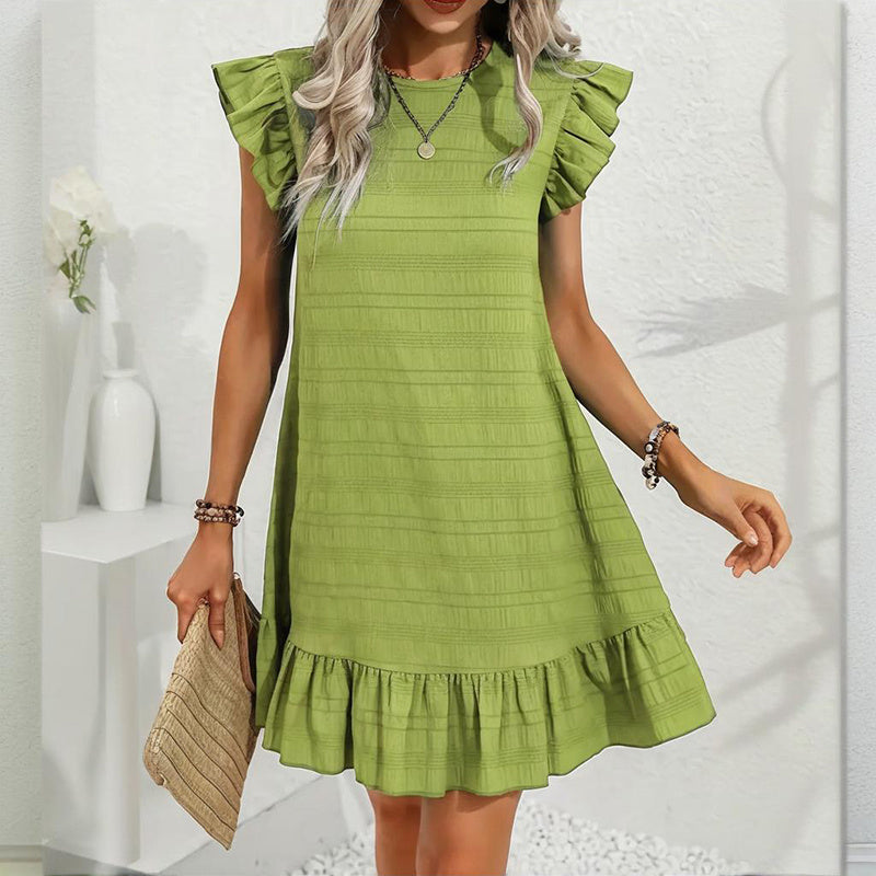 Womens Plus Size Round Neck Solid Dress Falbala Sleeveless Ruffled Summer Dress With Pleated Detail