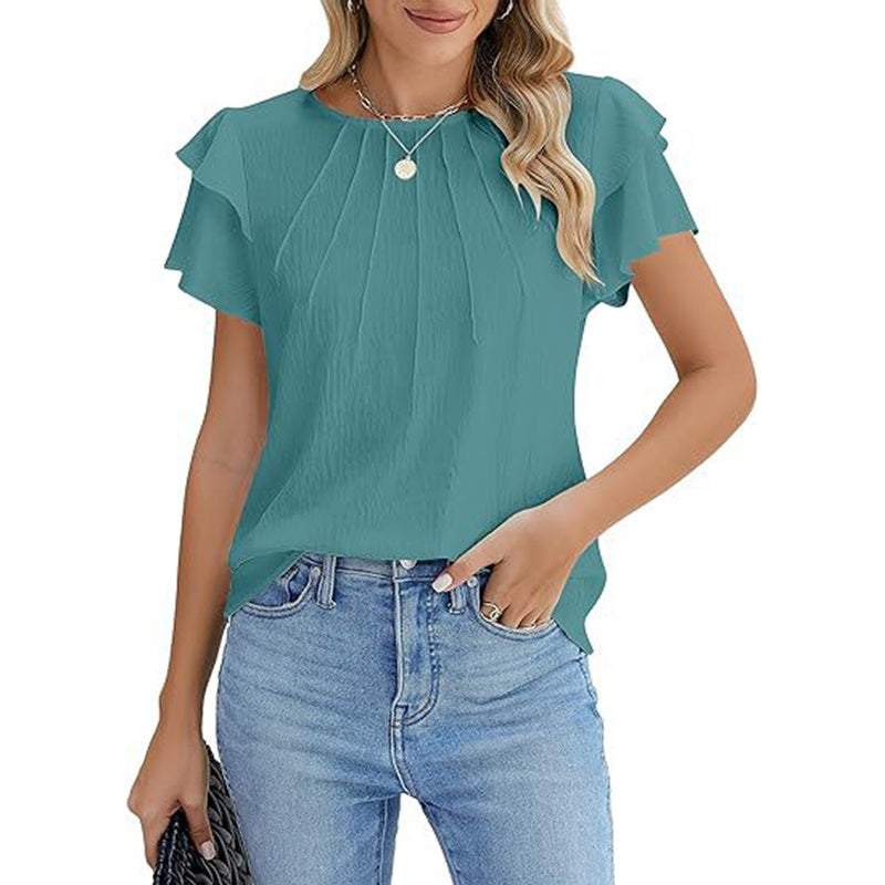 Women's Ruffle Short Sleeve Shirts Dressy Casual Crewneck Tops Trendy Outfits