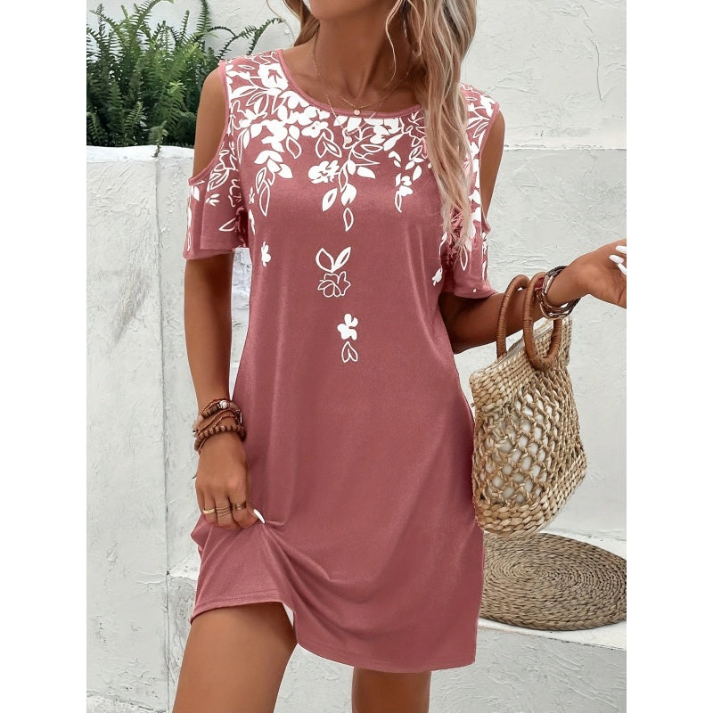 Women's Summer Cold Shoulder Crew Neck Floral Print Dress Beach Vacation Boho Mini Sundress