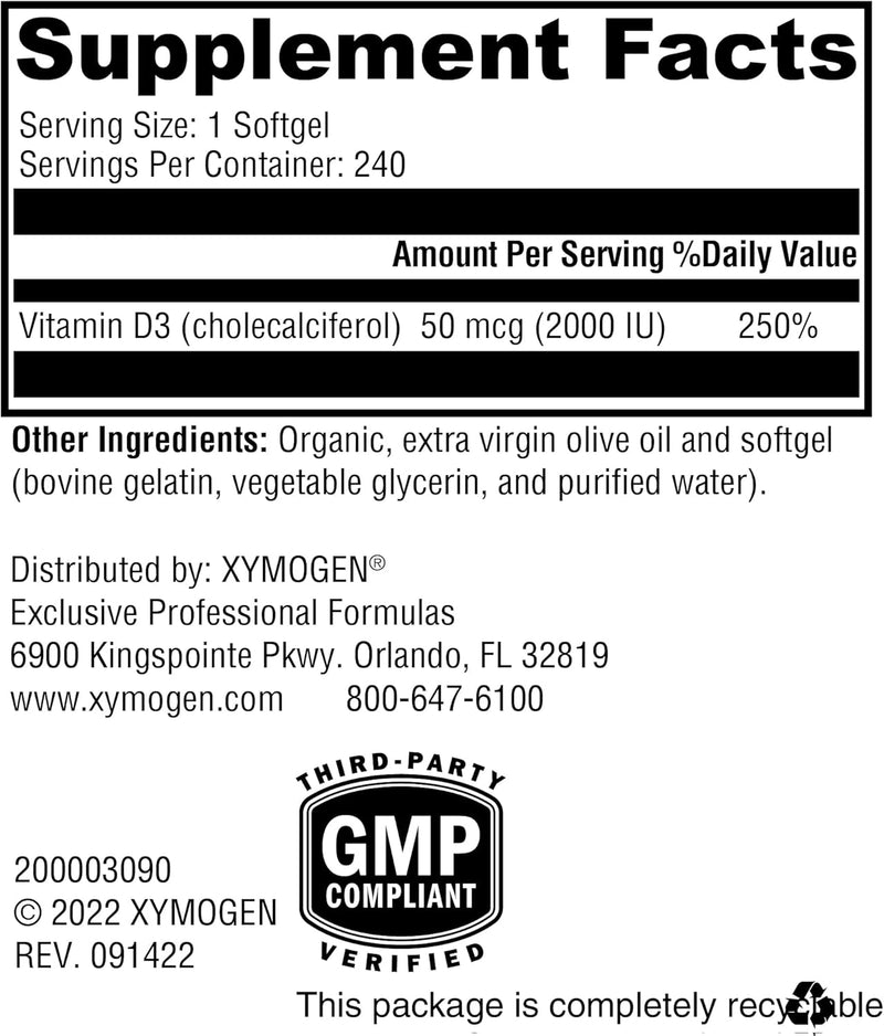 D3 2000 - Bioavailable Vitamin D3 2000 IU (50 Mcg) - High Potency Vitamin D Supplement to Support Immune Health, Bone + Heart Health (240 Softgels)