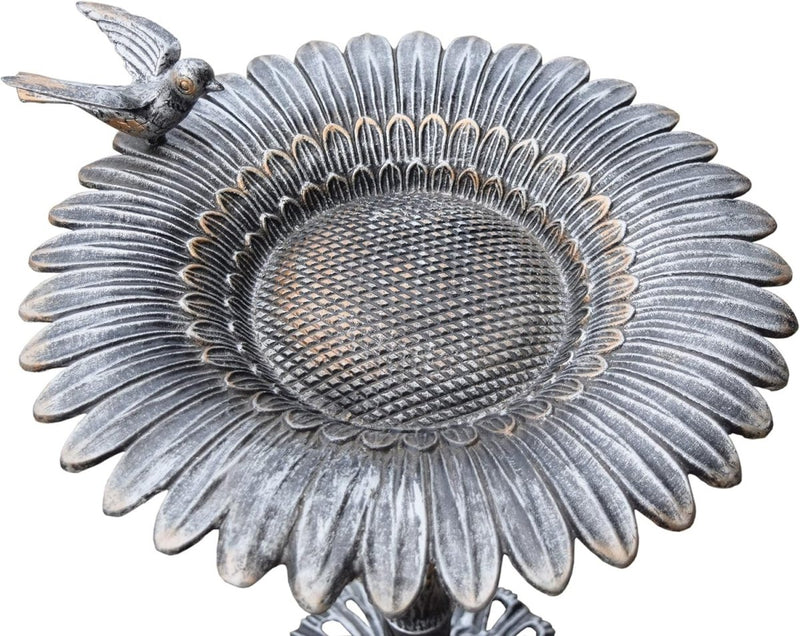 Antique Pewter Sunflower Design Aluminum Birdbath, Silver