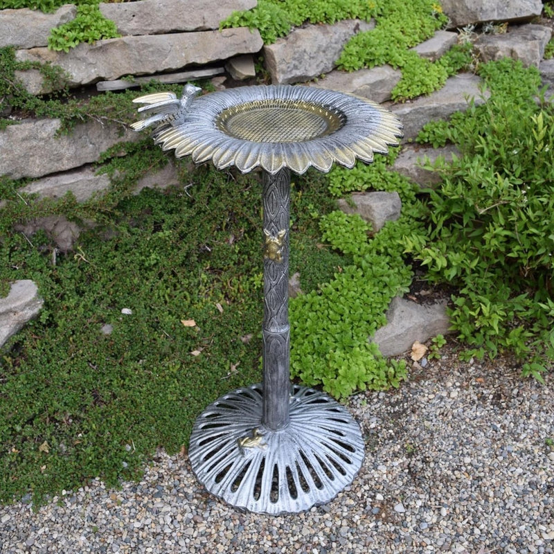 Antique Pewter Sunflower Design Aluminum Birdbath, Silver