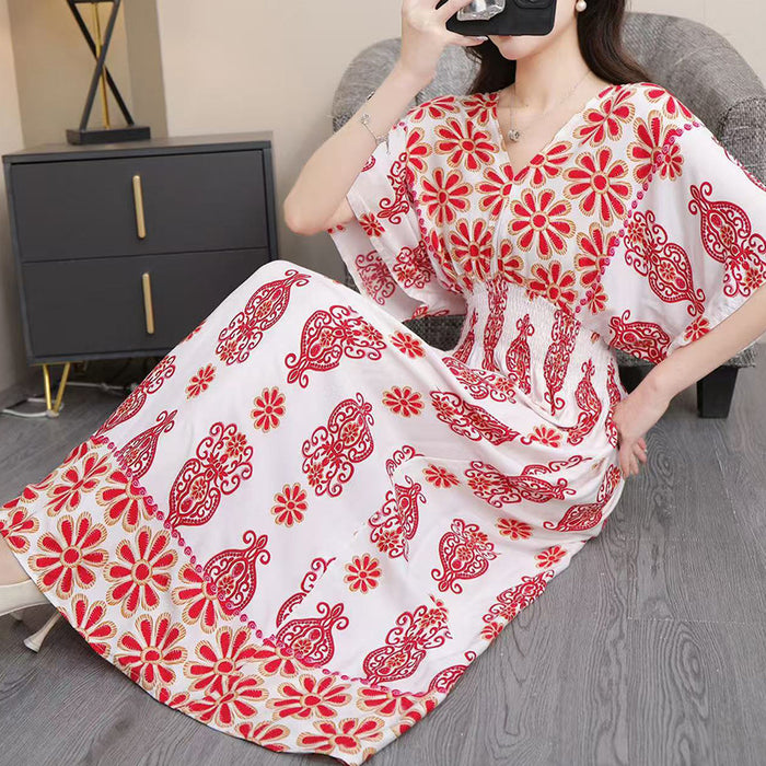 Ethnic Style V-neck Cotton Silk Short Sleeve French Thai Style