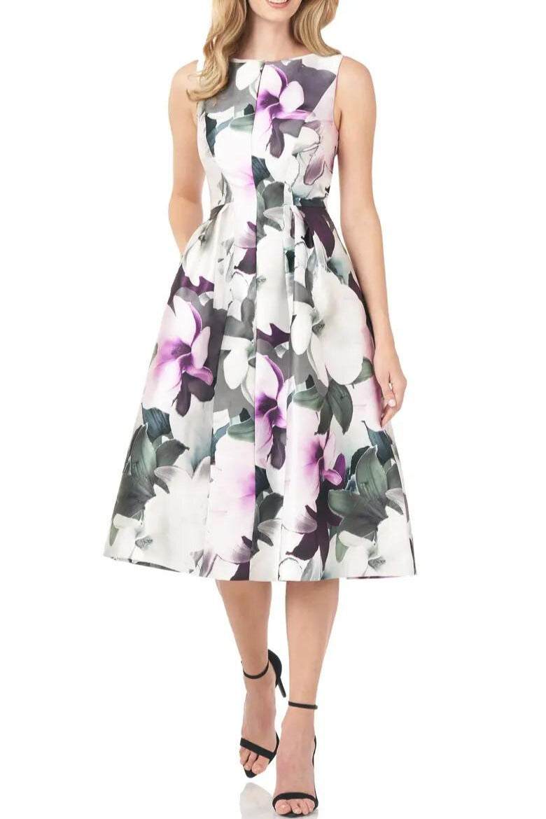 Kay Unger Floral Sleeveless A-Line Mikado Cocktail Midi Dress