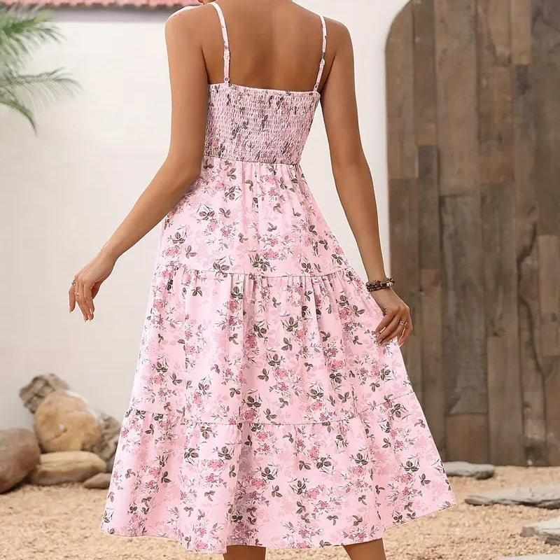 Womens Summer Floral Midi Dress Smocked Spaghetti Strap Sleeveless Tiered Casual Flowy Dresses