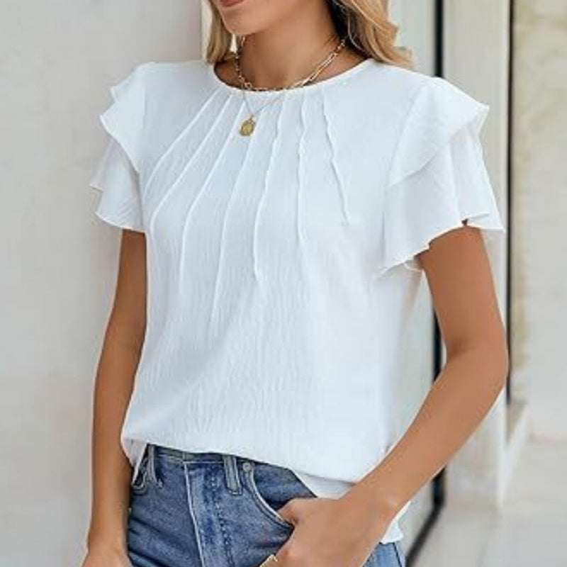 Women's Ruffle Short Sleeve Shirts Dressy Casual Crewneck Tops Trendy Outfits