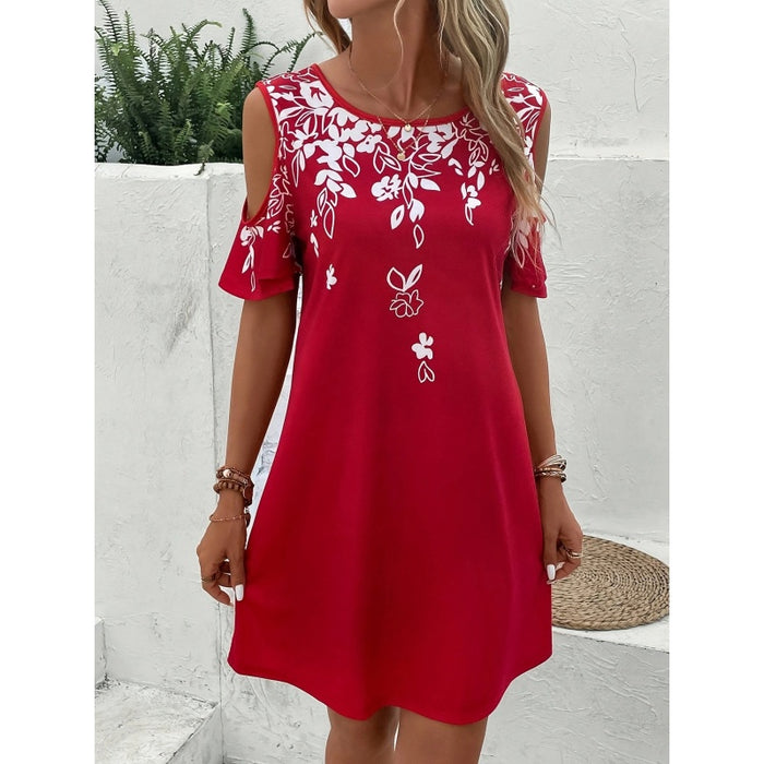 Women's Summer Cold Shoulder Crew Neck Floral Print Dress Beach Vacation Boho Mini Sundress