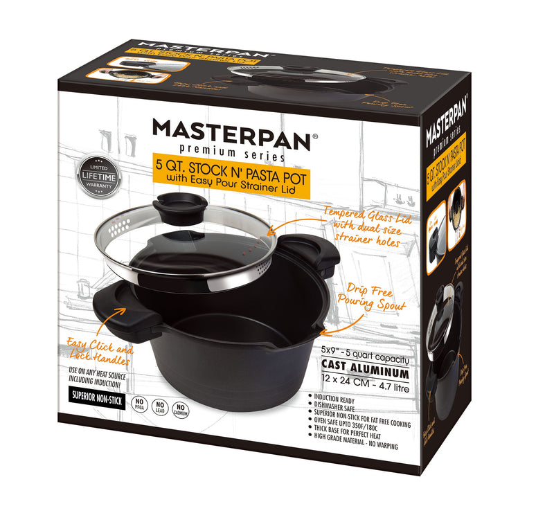 MASTERPAN Nonstick Stock & Pasta Pot With Glass Lid Strainer, 5 QT., 9" (23cm)