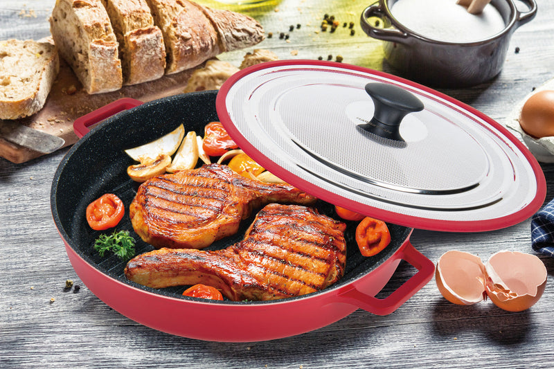 MASTERPAN Nonstick Stovetop Oven Grill Pan & Stainless Steel Lid, Red 12" (30cm)