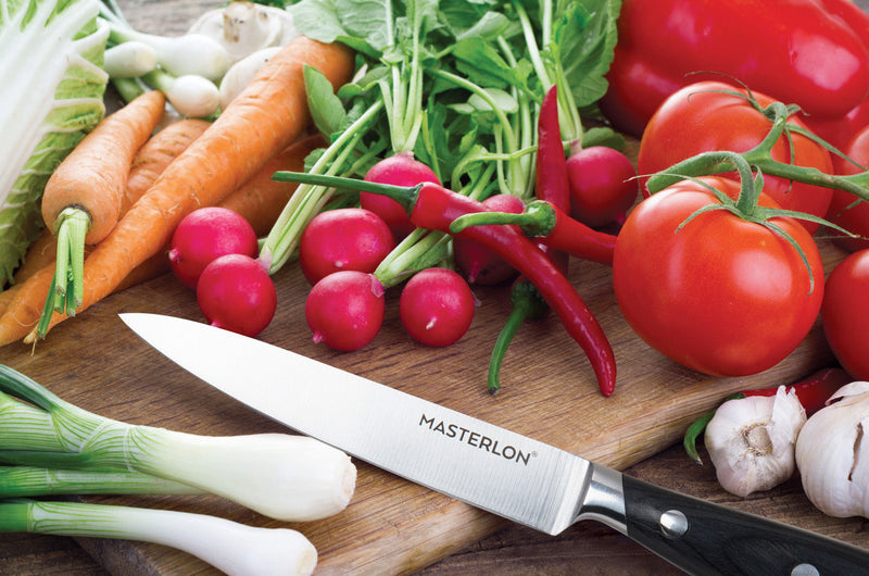 MASTERPAN Essential Chef’s Knife Bundle - 8" Chef’s Knife, 8" Slicer Knife & 7" Santoku Knife - Stainless Steel Blades with Protective Covers