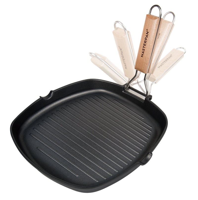 3 PACK BUNDLE - 8" GRILL PAN WITH FOLDING HANDLE + 9.5" FRY PAN + 11" CREPE PAN, WITH BAKELITE HANDLE, CAST ALUMINUM WITH SUPERIOR NON-STICK