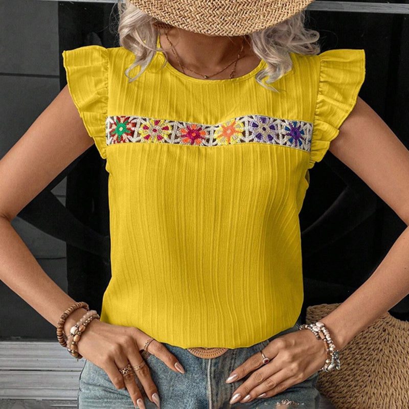 Women's Ruffle Short Sleeve Summer Tops Cute Crew Neck Floral Crochet Blouses Shirts