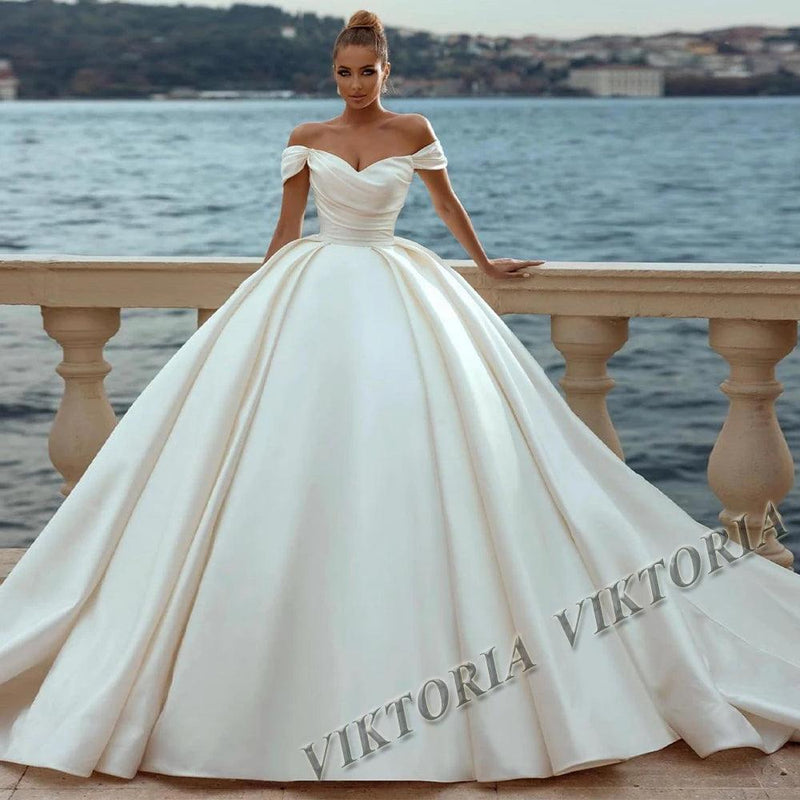 Off-Shoulder Satin Ball Gown Wedding Dress - Princess Style