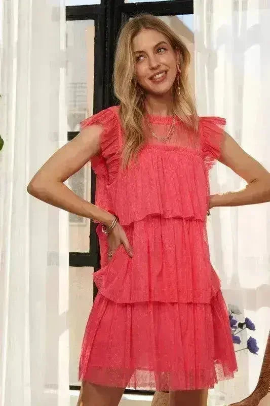 Layered Ruffle Mesh Dress | Cap Sleeve Semi-Sheer Gown -femstylo