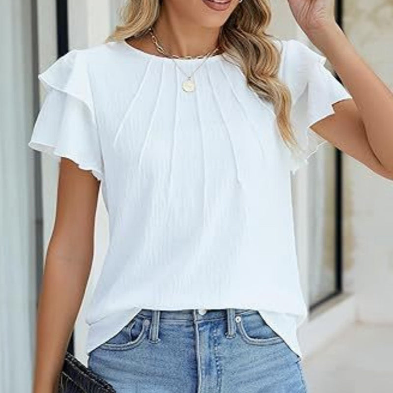 Women's Ruffle Short Sleeve Shirts Dressy Casual Crewneck Tops Trendy Outfits