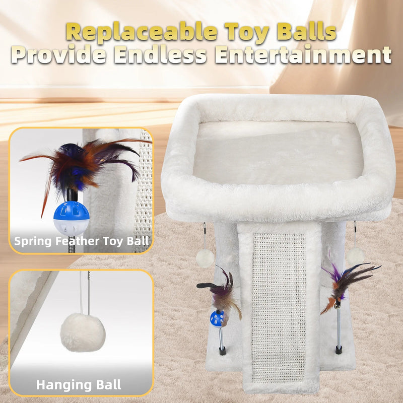 Cozy Beige Cat Tree with Condo, Scratch Post, Hammock & Fun Hanging Balls for Your Feline Friends