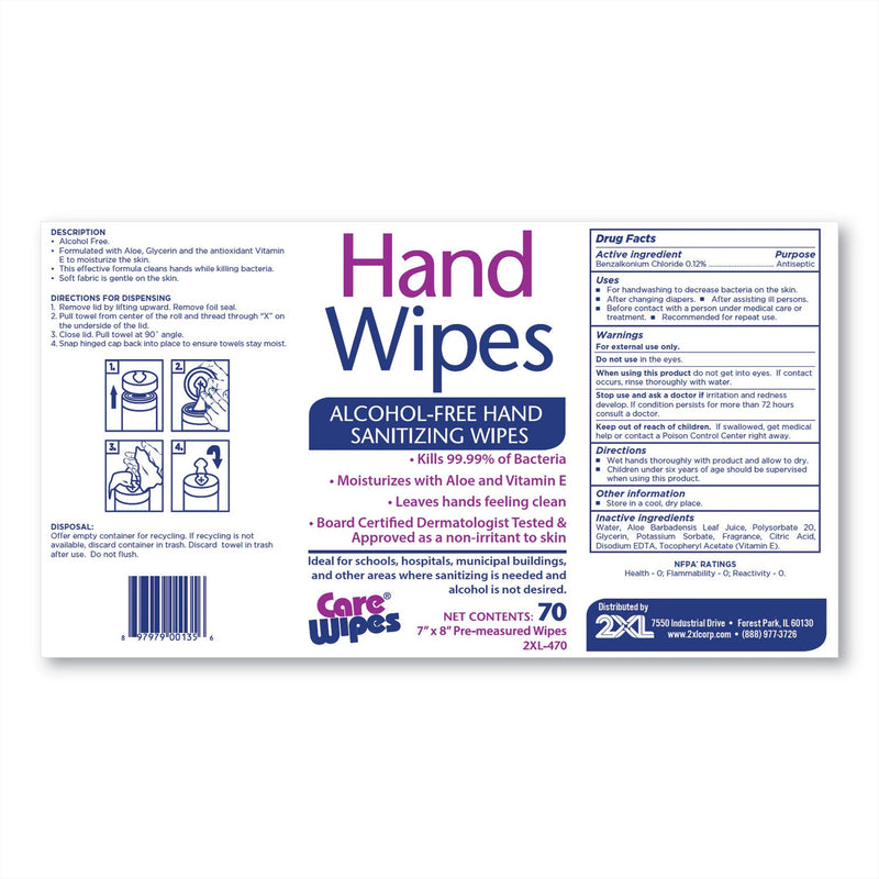 2XL Alcohol Free Hand Sanitizing Wipes, 8 x 7, White, 70/Canister, 6 Canisters/Carton