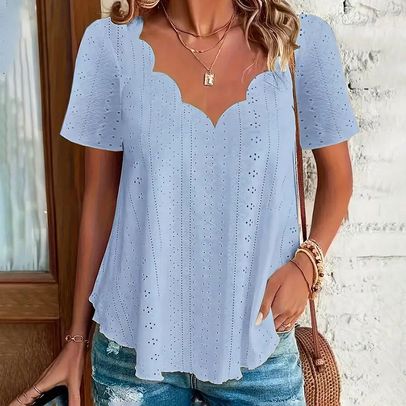 Womens Summer Scallop Trim V Neck Eyelet T-Shirt Short Sleeve Top Dressy Casual Tunic Blouses