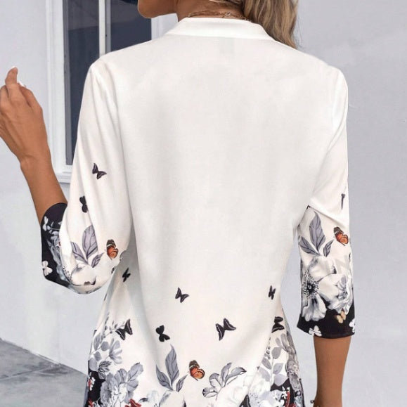 Ladies' Butterfly Flower Print V-neck Seven Quarter Sleeve Contrasting T-shirt Top