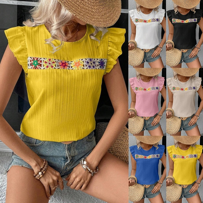 Women's Ruffle Short Sleeve Summer Tops Cute Crew Neck Floral Crochet Blouses Shirts