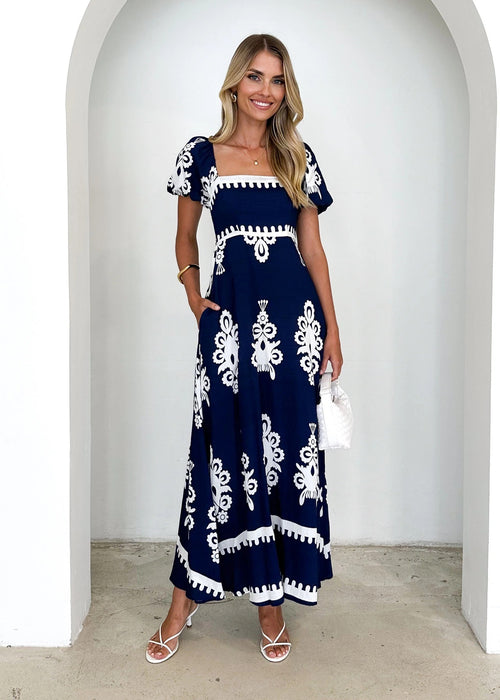 Vacation Style Printed Beach Dress Smocking Dress Women
