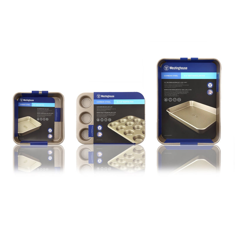 Baking Pan Set, Carbon Steel, 3-pc (Squre Pan, Muffin Pan + Rectangle Deep Tray)