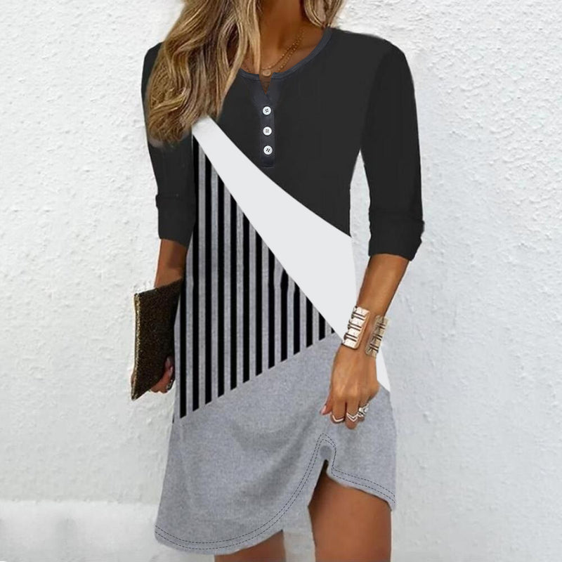 Ladies' Fashionable V-neck Loose Button Casual Dress