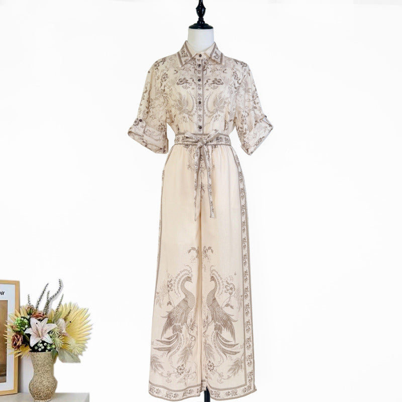 Australian Niche Printing Lapel Rolled Sleeves Shirt Wide Leg Trousers Suit