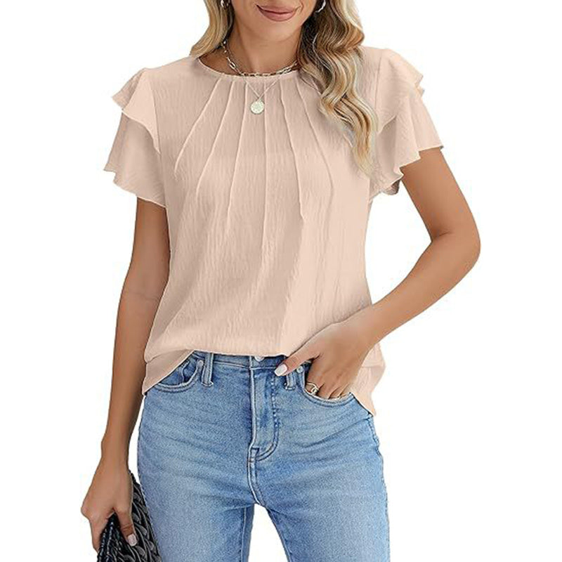 Women's Ruffle Short Sleeve Shirts Dressy Casual Crewneck Tops Trendy Outfits