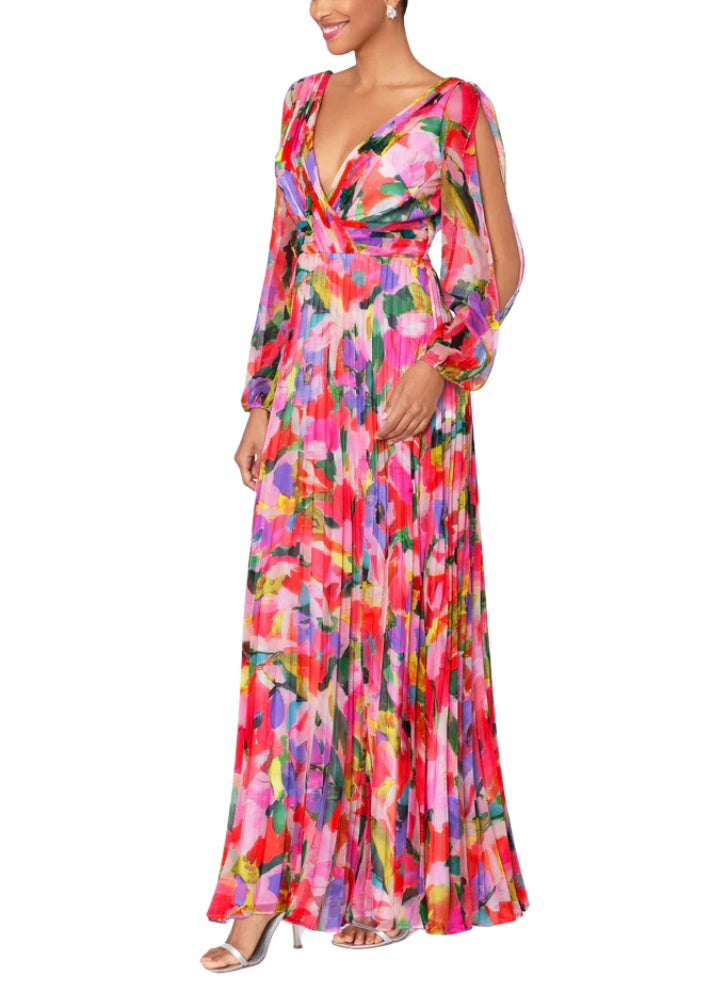 Betsy and Adam Amber Print Deep V-Neckline Long Sleeves Back Zipper Flowy Skirt Floor Length Dress