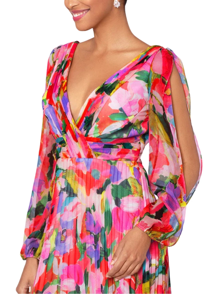 Betsy and Adam Amber Print Deep V-Neckline Long Sleeves Back Zipper Flowy Skirt Floor Length Dress