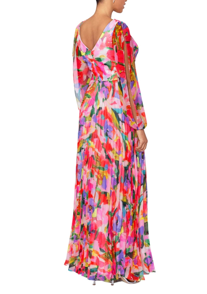 Betsy and Adam Amber Print Deep V-Neckline Long Sleeves Back Zipper Flowy Skirt Floor Length Dress